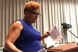 Teachers union president Theresa Dudley speaks during a Prince George's County School Board meeting on Thursday, July 12, 2018. (WTOP/Michelle Basch)