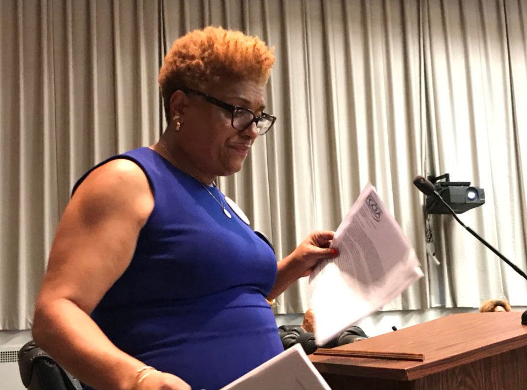 Teachers union president Theresa Dudley speaks during a Prince George's County School Board meeting on Thursday, July 12, 2018. (WTOP/Michelle Basch)