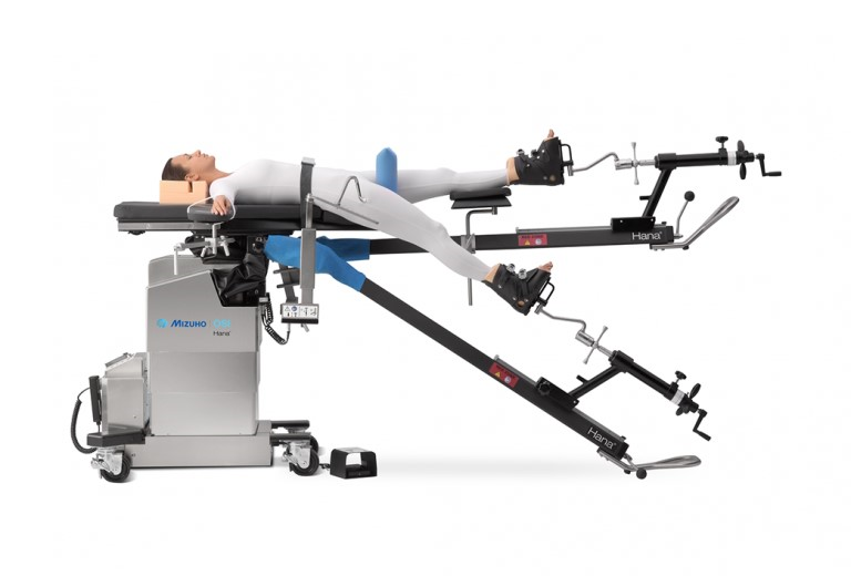 The Hana table holds traction and positions patients' limbs to assist orthopedic surgeons during surgeries such as hip replacements. (Courtesy Mizuho)