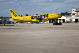 A Spirit Airlines Airbus Industrie A320 takes off from Palm Beach International Airport in West Palm Beach, Fla., Friday, Feb. 10, 2017. (AP Photo/Wilfredo Lee)