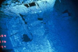 This is a view looking down on the deck of the R.M.S. Titanic between the number 2 and number 3 stack where the deck suddenly hinges downward at right towards the tear, at which point the stern separated from the rest of the ship. This picture was taken by Angus, an unmanned camera sled which is towed across Titanic, July 18, 1986. (AP Photo/Woods Hole Oceangraphic Inst.)
