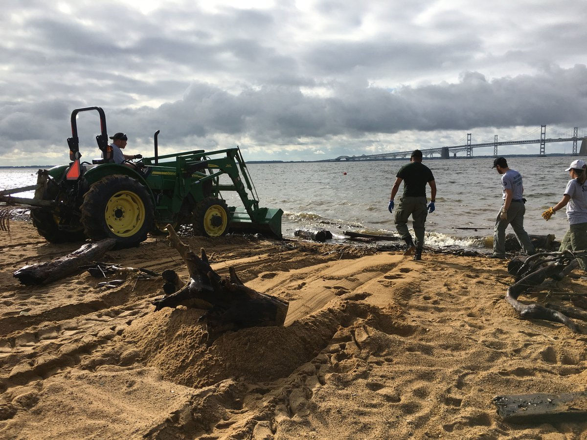 Maryland Department of Natural Resources crews remove storm debirs from the beach at Sandy Point State Park. (Courtesy Maryland DNR)
