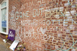 A memorial to Heather Heyer is seen in late July 2018 in downtown Charlottesville near where the 32-year-old was killed when a car plowed into a group of counterprotesters during last August's white nationalist "Unite the Right" rally. (WTOP/Lisa Weiner)