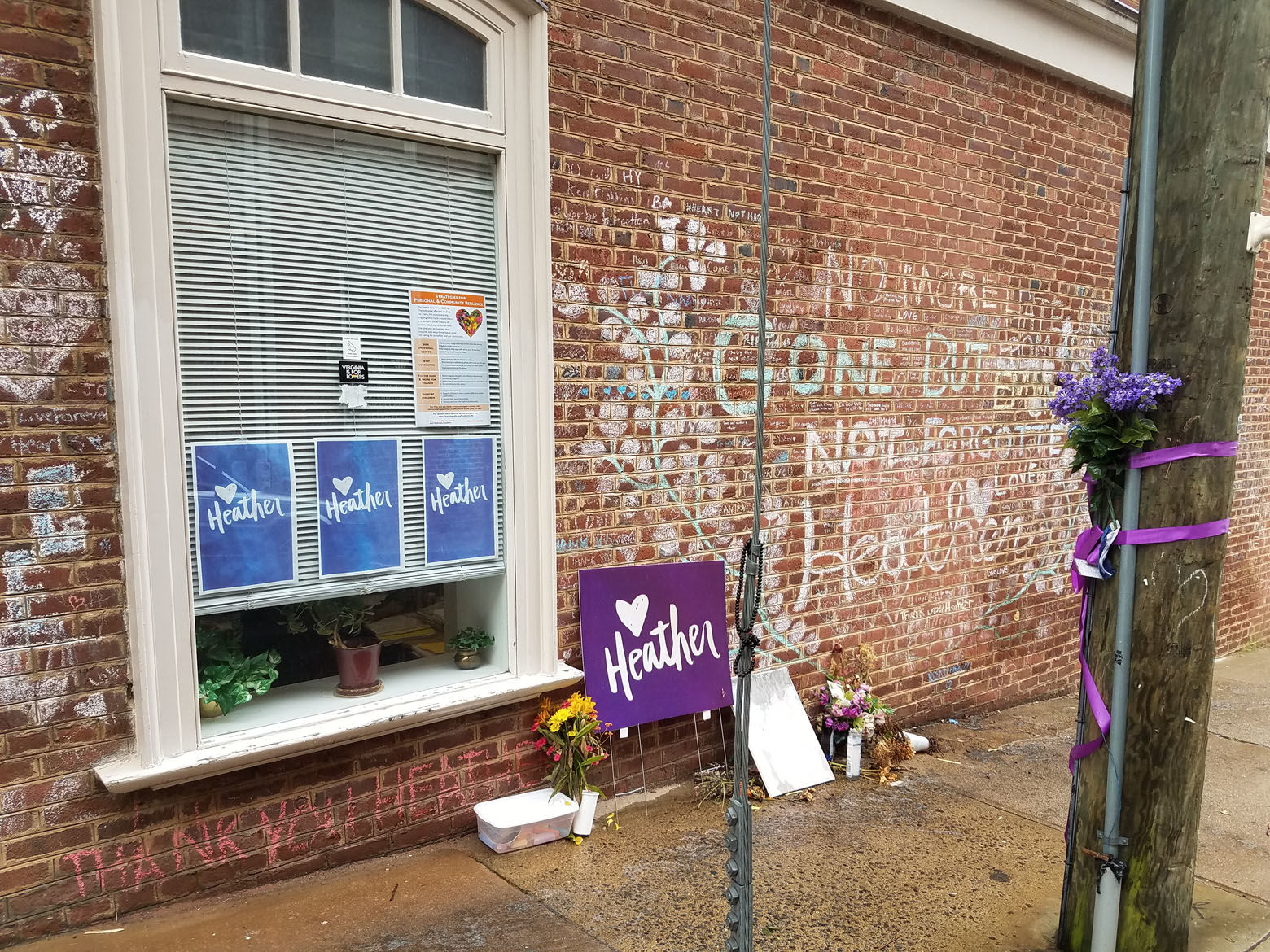 A memorial to Heather Heyer is seen in late July 2018 in downtown Charlottesville near where the 32-year-old was killed when a car plowed into a group of counterprotesters during last August's white nationalist "Unite the Right" rally. (WTOP/Lisa Weiner)