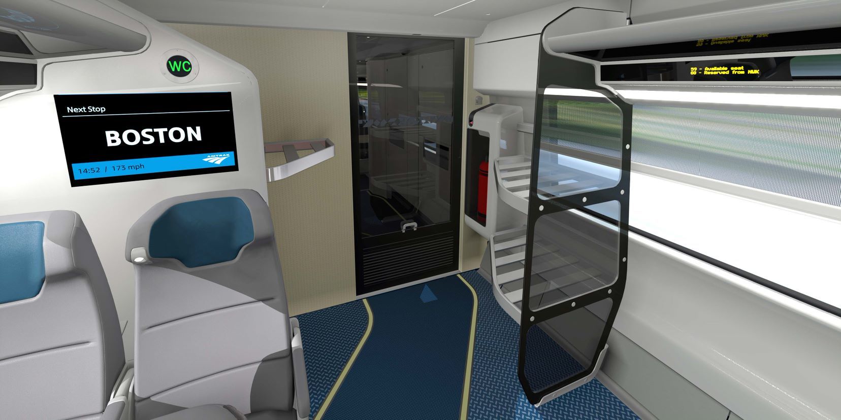 The new trainsets will include Wi-Fi, an advanced seat reservation system, and LED screens in each train car that will provide real time information. (Courtesy Amtrak)