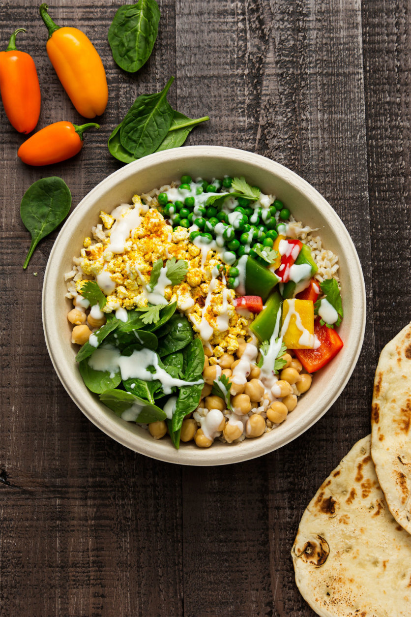 Cuisine Solutions' Indian bowl. The fast-casual concept  is designed to mirror fast-casual restaurant, such as Chipotle or Cava. (Courtesy Cuisine Solutions)