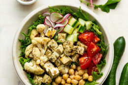 Cuisine Solutions' Mediterranean bowl. Students select ingredients and customize their meals by picking a base of grain, salad or a wrap; their choice of protein; and toppings of vegetables, cheese and sauces. (Courtesy Cuisine Solutions)