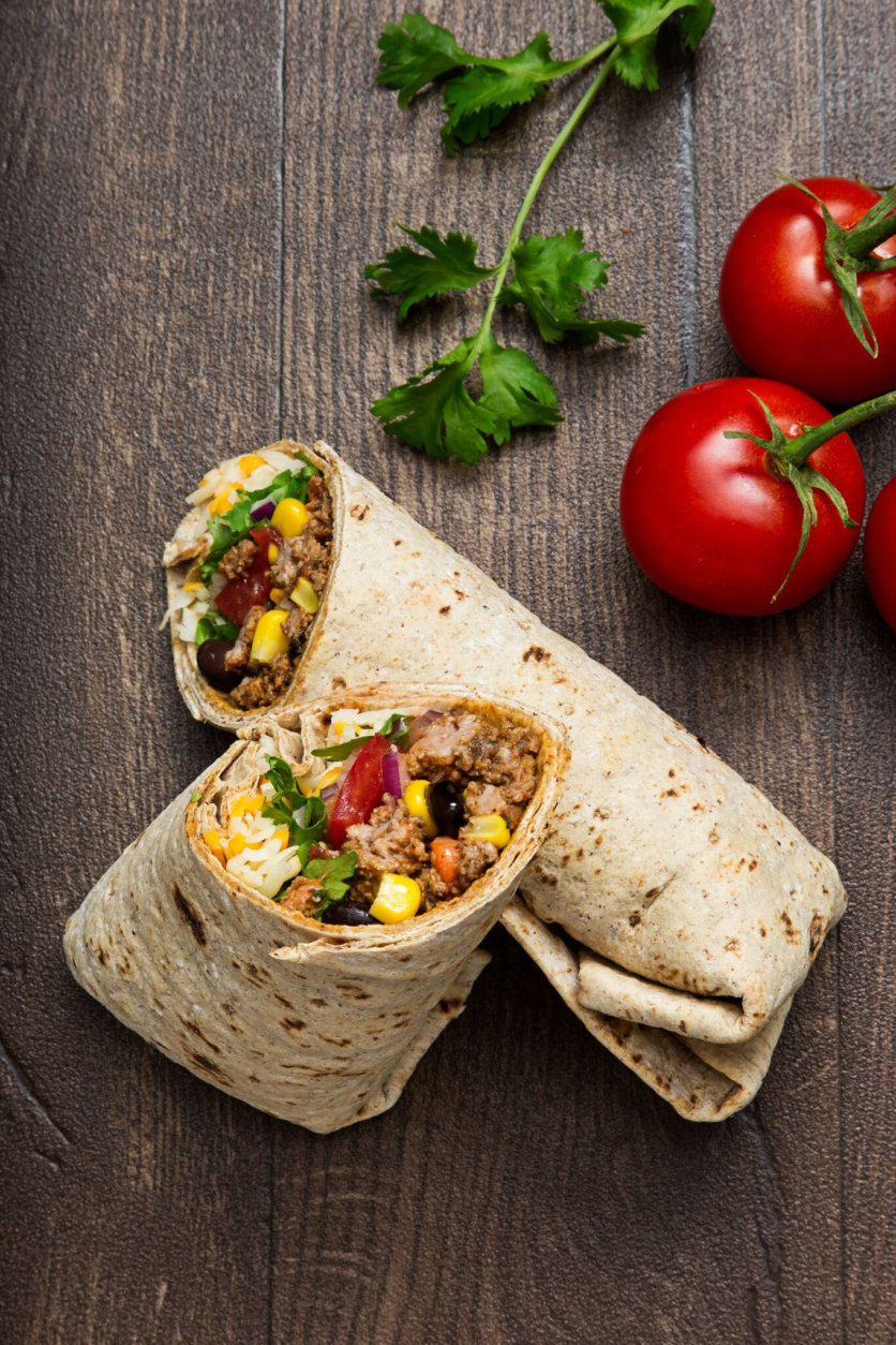 Cuisine Solutions' Mexican wrap. Students select ingredients and customize their meals by picking a base of grain, salad or a wrap; their choice of protein; and toppings of vegetables, cheese and sauces. (Courtesy Cuisine Solutions)
