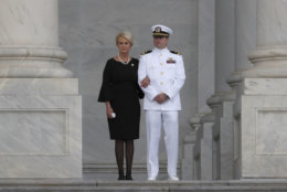 Cindy McCain, stands with her son Navy Lt. Jack McCain, before the casket of Sen. John McCain, R-Ariz., is carried up the steps to lie in state in the Rotunda of the U.S. Capitol, Friday, Aug. 31, 2018, in Washington. (AP Photo/Alex Brandon)