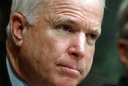 Senate Armed Services committee member Sen. John McCain, R-Ariz., listens to testimony Tuesday, May 11, 2004, in Washington, dealing with abuses to prisoners at Abu Ghraib, a U.S.-run prison complex near Baghdad, Iraq  (AP Photo/Ron Edmonds)