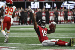 Atlanta Falcons wide receiver Calvin Ridley (18) celebrates his touchdown catch against the Kansas City Chiefs during the first half of an NFL preseason football game, Friday, Aug. 17, 2018, in Atlanta. (AP Photo/John Amis)