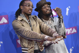 Offset, left, and Quavo of Migos arrive at the MTV Video Music Awards at Radio City Music Hall on Monday, Aug. 20, 2018, in New York. (Photo by Evan Agostini/Invision/AP)