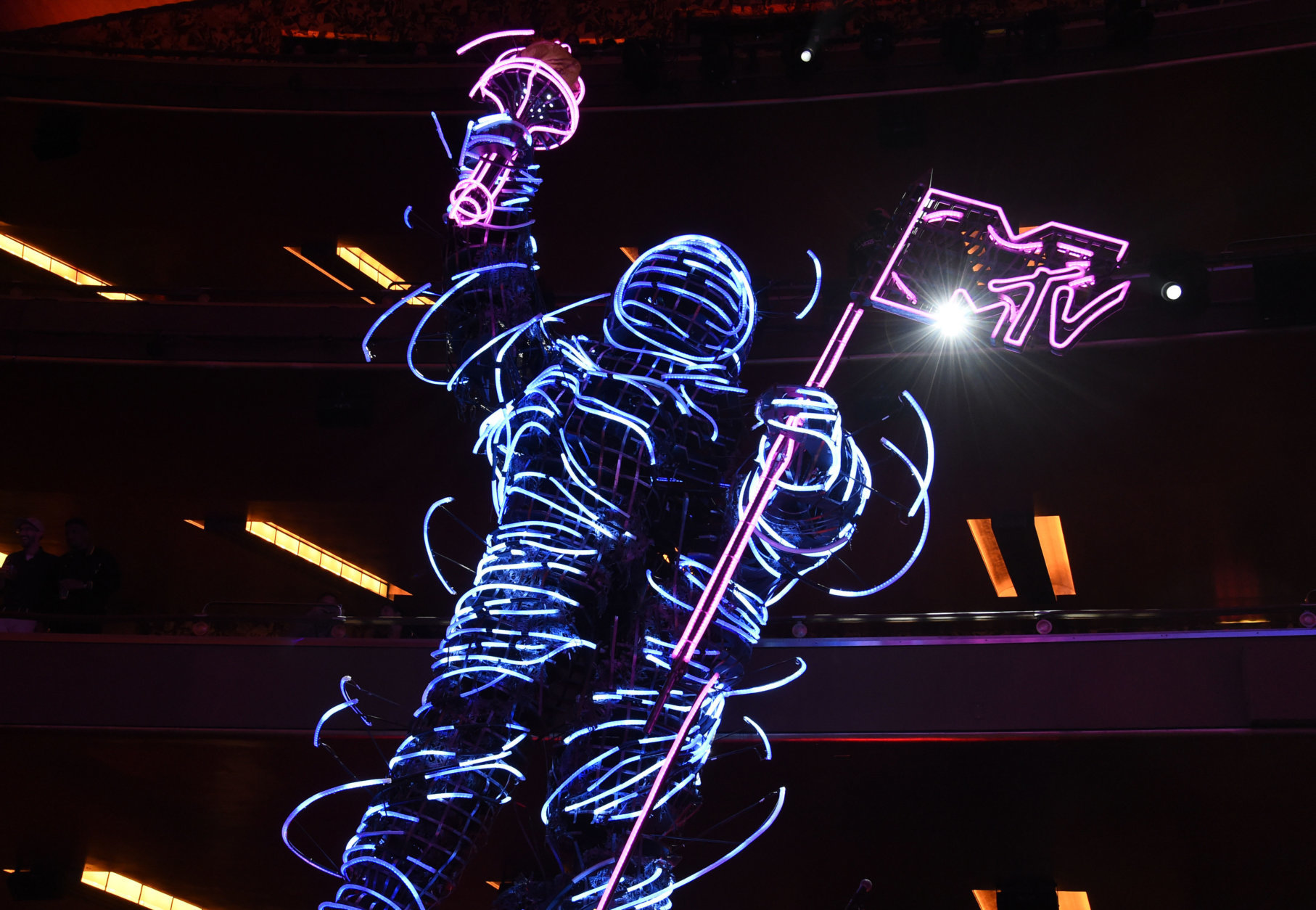 A view of a neon Moon Man appears at the MTV Video Music Awards at Radio City Music Hall on Monday, Aug. 20, 2018, in New York. (Photo by Chris Pizzello/Invision/AP)