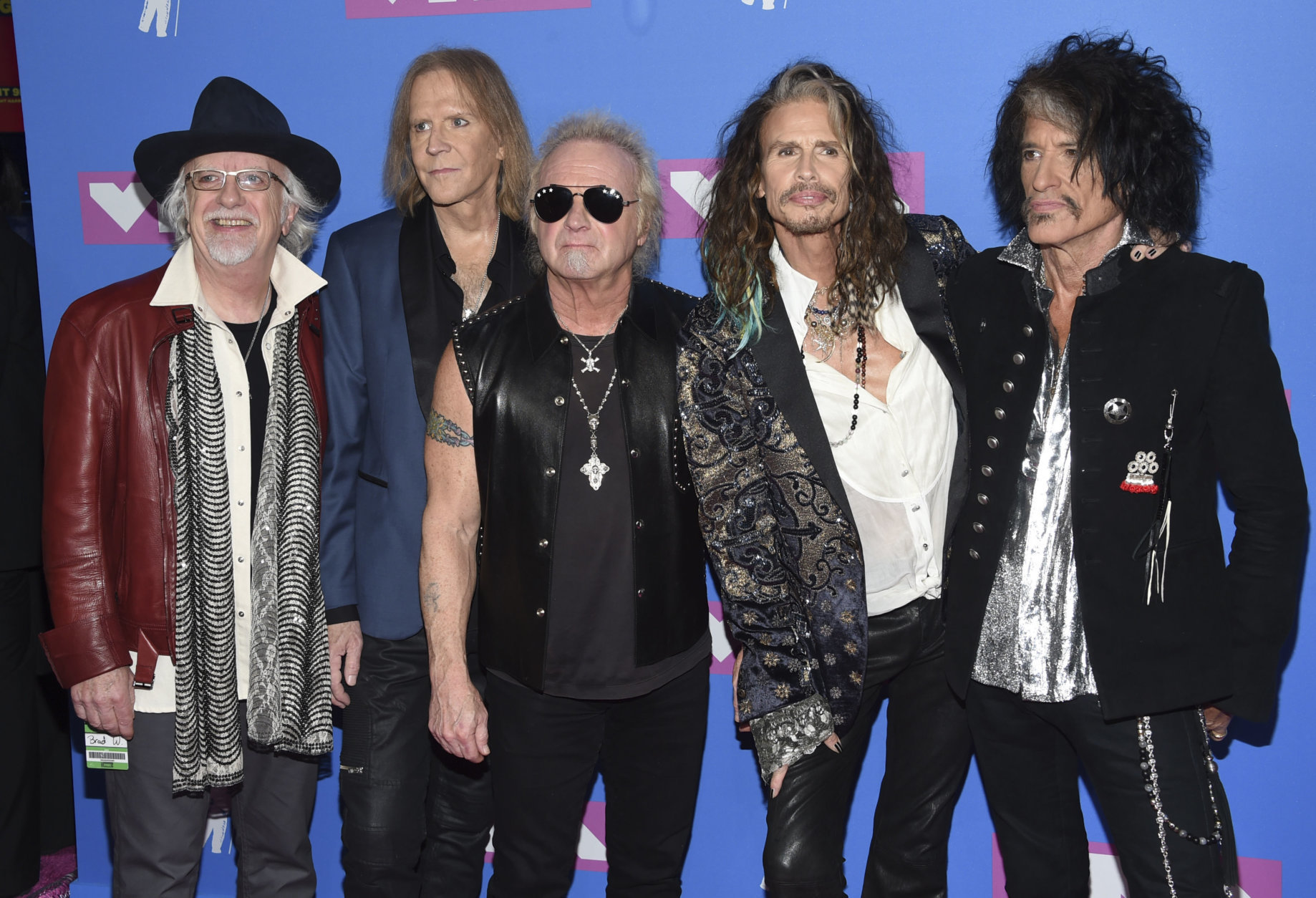 Brad Whitford, from left, Tom Hamilton, Joey Kramer, Steven Tyler and Joe Perry of Aerosmith arrive at the MTV Video Music Awards at Radio City Music Hall on Monday, Aug. 20, 2018, in New York. (Photo by Evan Agostini/Invision/AP)