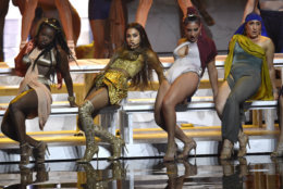 Ariana Grande, second left, performs "God is a woman" at the MTV Video Music Awards at Radio City Music Hall on Monday, Aug. 20, 2018, in New York. (Photo by Chris Pizzello/Invision/AP)