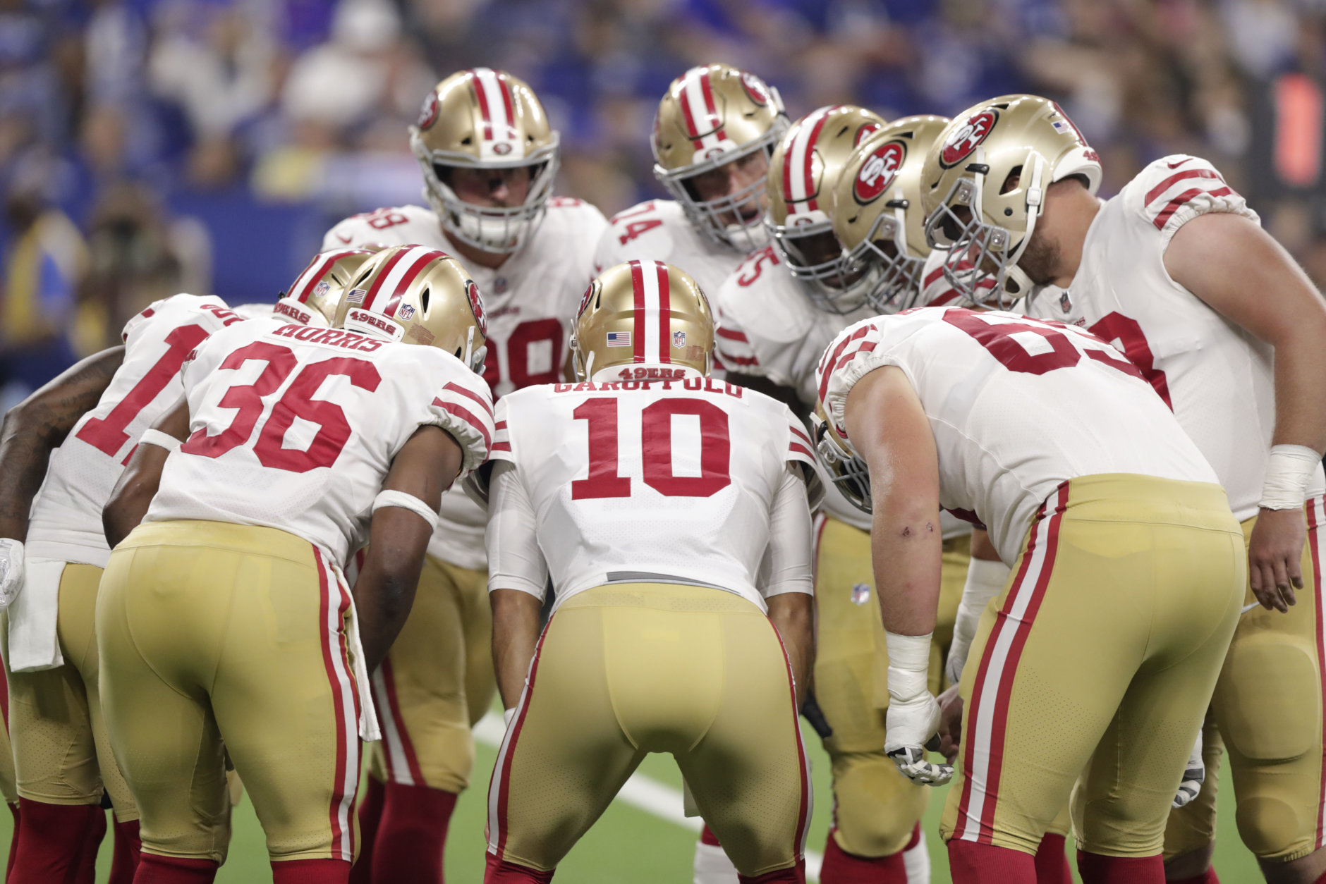 San Francisco 49ers quarterback Jimmy Garoppolo (10) huddles his offense during the first half of an NFL preseason football game against the Indianapolis Colts in Indianapolis, Saturday, Aug. 25, 2018. (AP Photo/Michael Conroy)