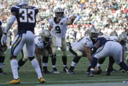 New Orleans Saints quarterback Drew Brees motions before a play during the first half of an NFL preseason football game against the Los Angeles Chargers Saturday, Aug. 25, 2018, in Carson, Calif. (AP Photo/Marcio Jose Sanchez)