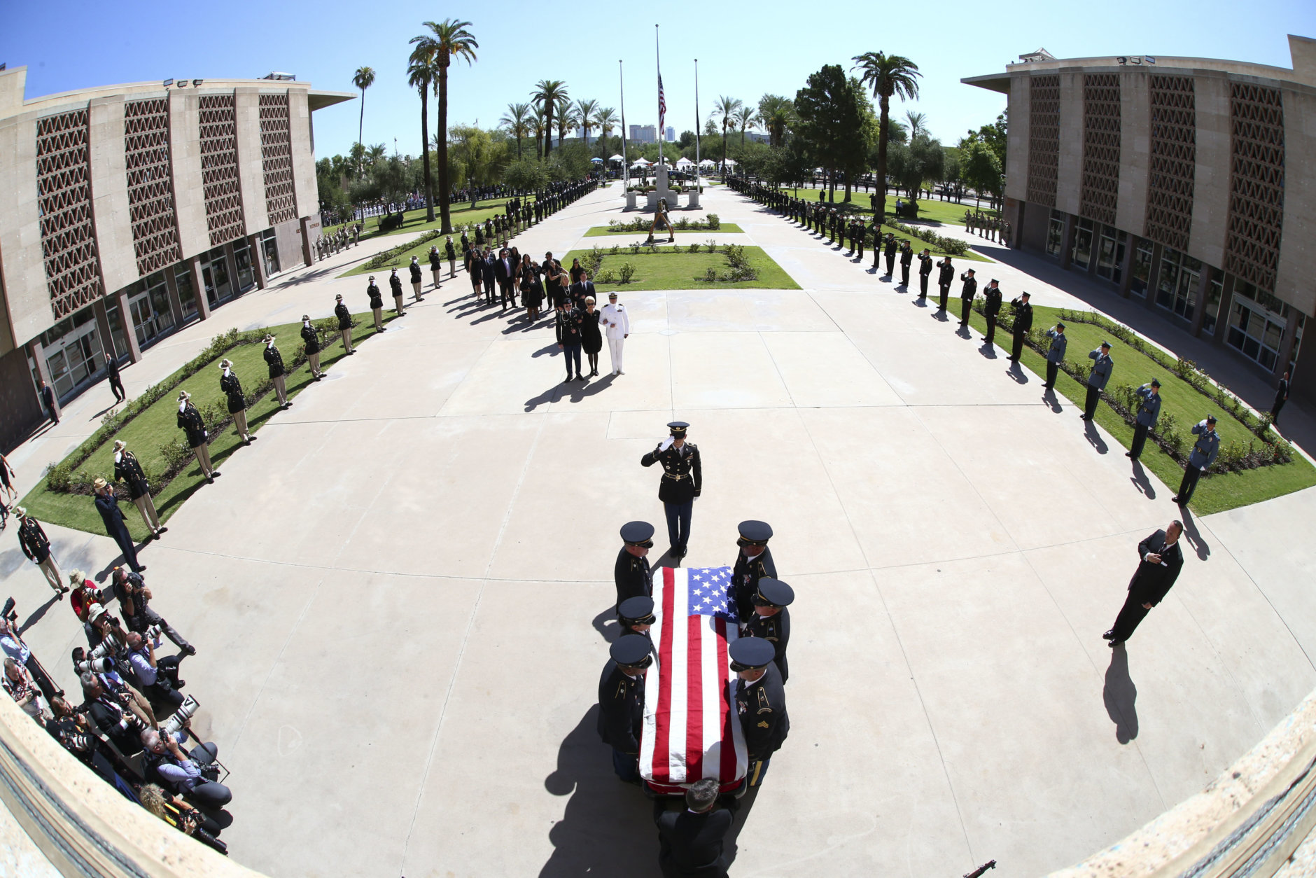 The Arizona National Guard carries the casket of Sen. John McCain, R-Ariz. during memorial service at the Arizona Capitol on Wednesday, Aug. 29, 2018, in Phoenix .(Rob Schumacher/The Arizona Republic via AP, Pool)