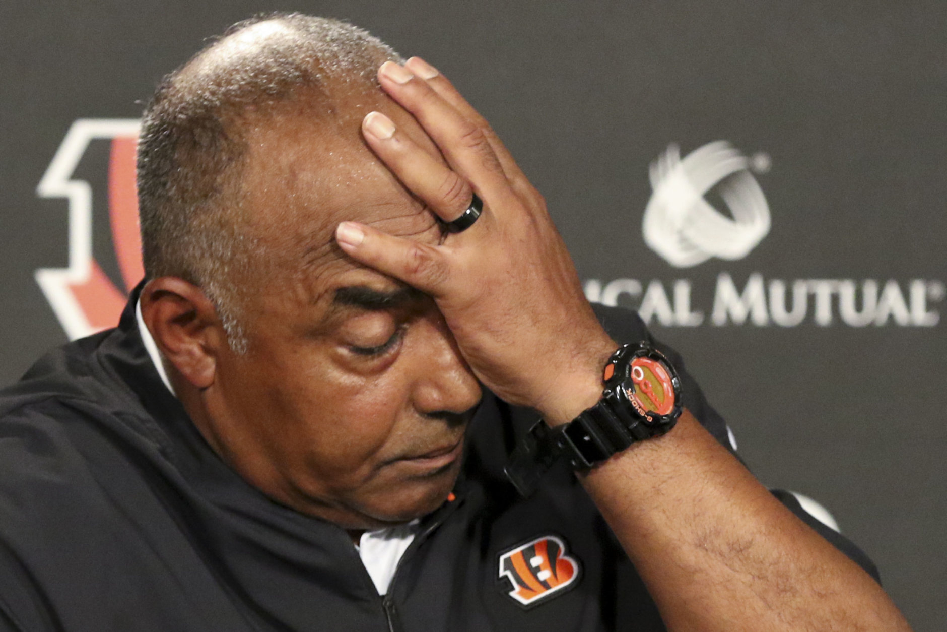 Cincinnati Bengals head coach Marvin Lewis reacts during a news conference after an NFL preseason football game against the Indianapolis Colts, Thursday, Aug. 30, 2018, in Cincinnati. (AP Photo/Gary Landers)
