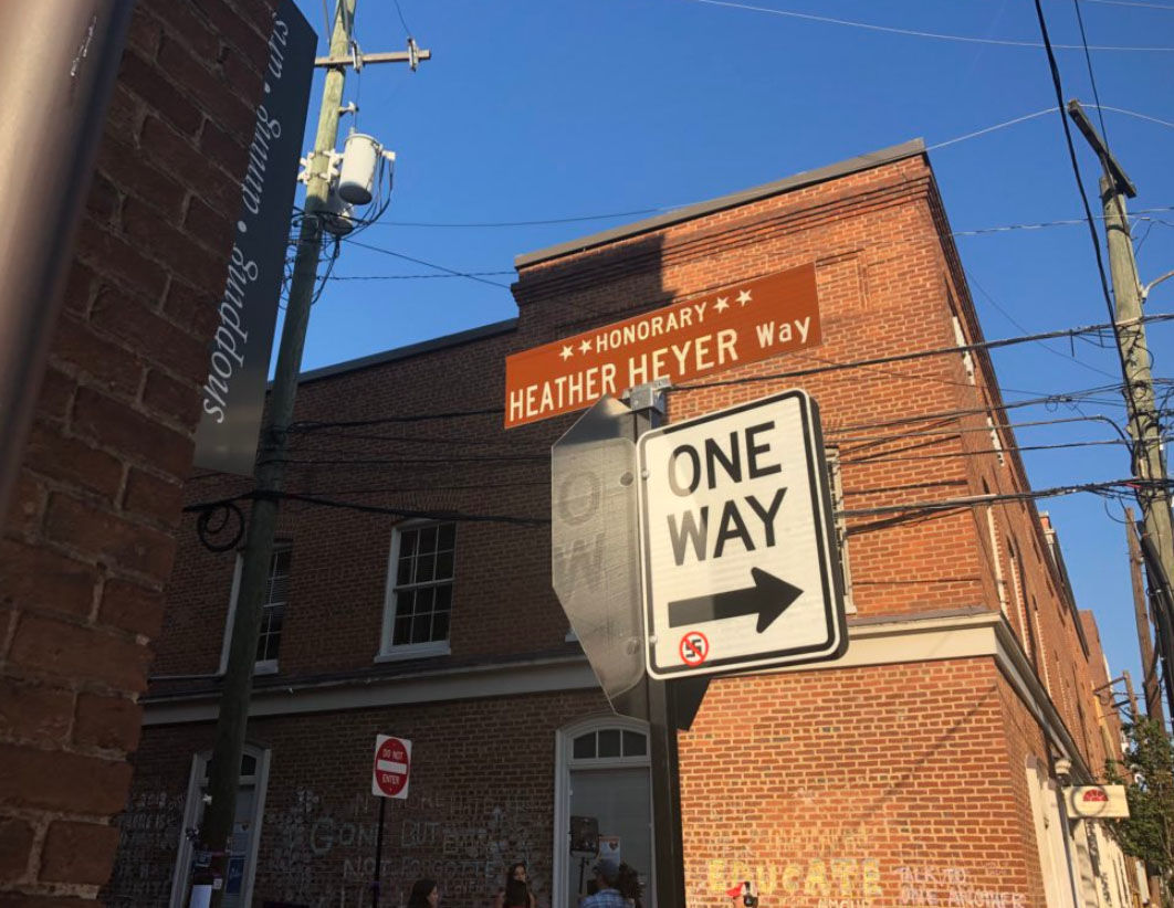 Part of market street is dedicated to 32-year-old Heather Heyer, who was killed when a car plowed into a crowd of protesters in last August's white nationalist rally in Charlottesville, Virginia. (WTOP/Max Smith)