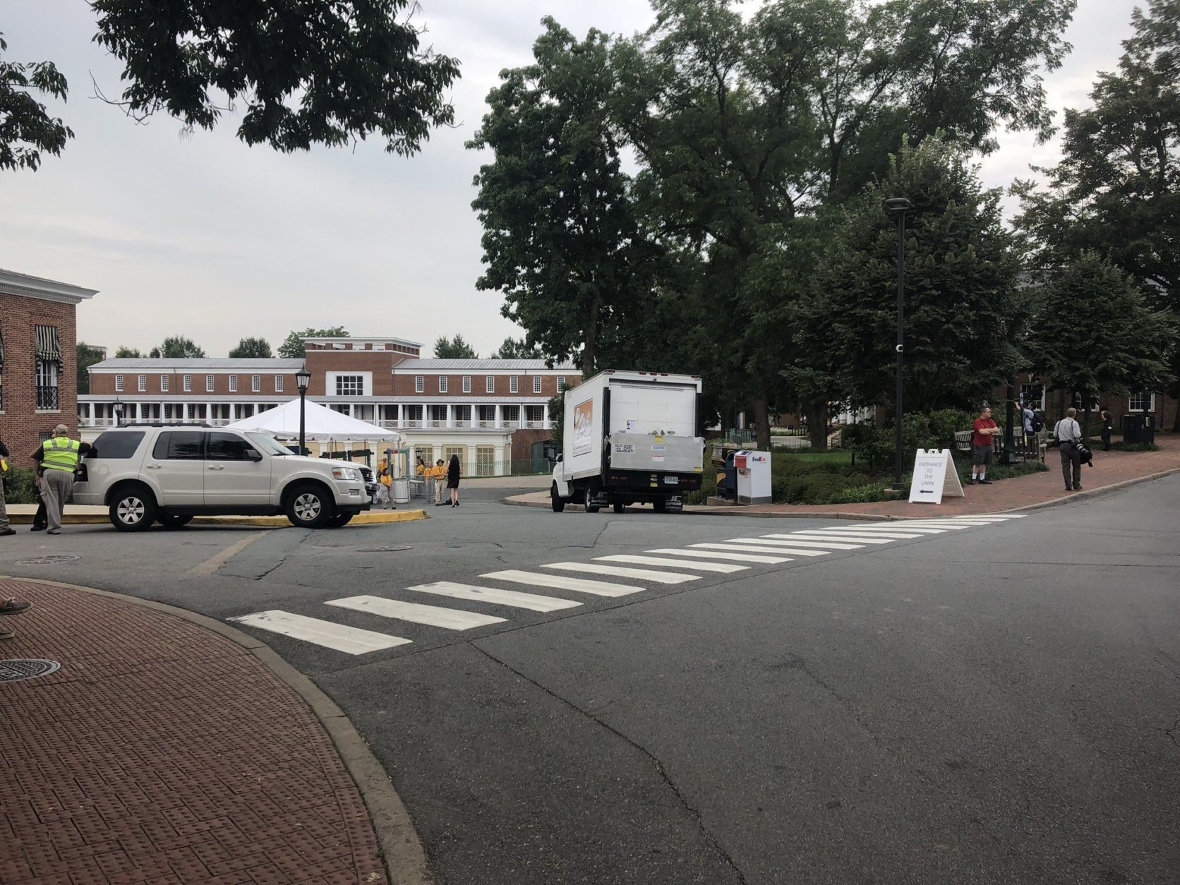 A security checkpoint is seen for Saturday morning's "The Hope that Summons Us" event at the University of Virginia. It comes one year after white supremacists marched through the Grounds with tiki torches, and a day before anniversary of Heather Heyer’s death. (WTOP/Max Smith)