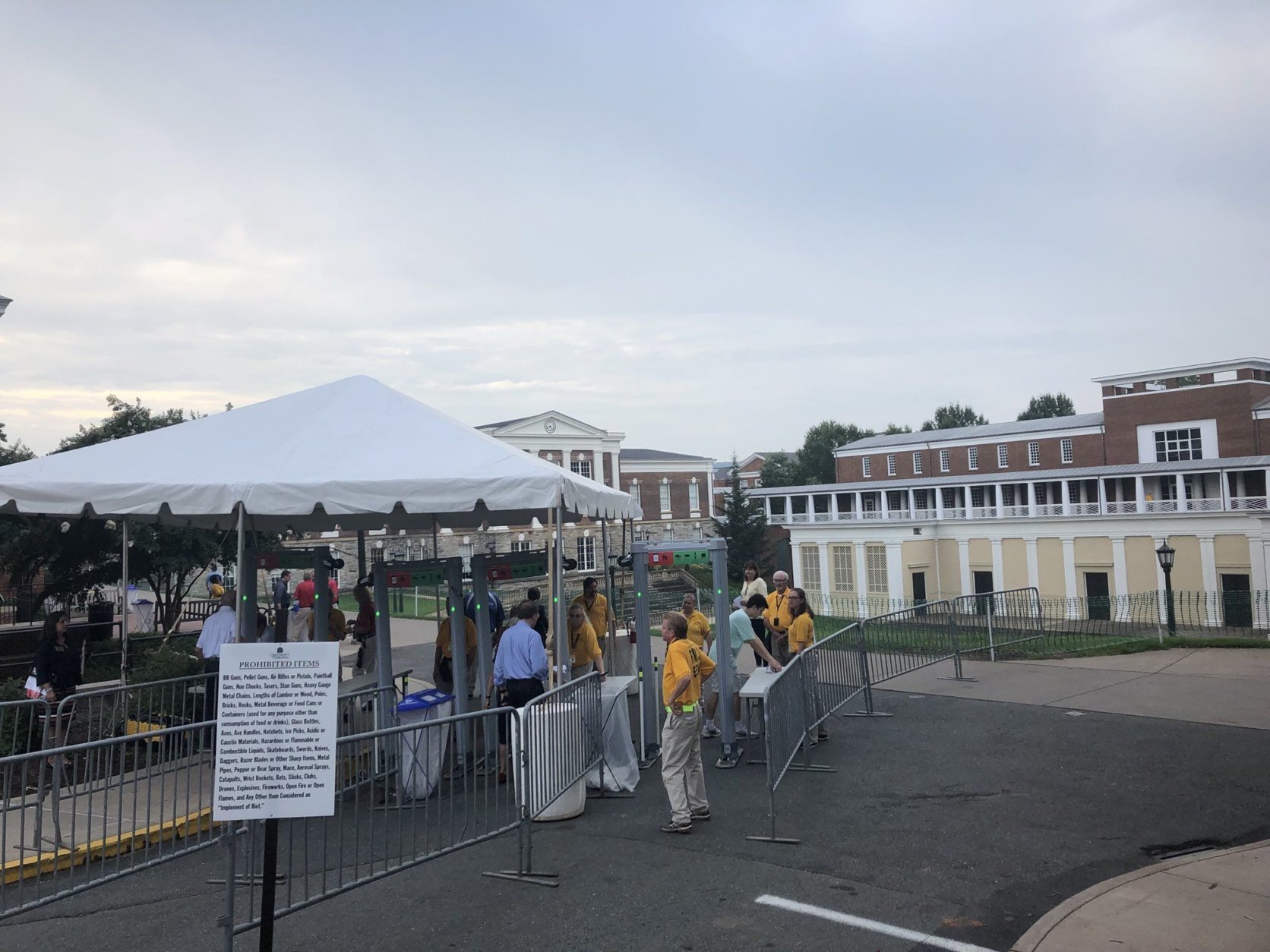 A security checkpoint is seen near the amphitheater for Saturday morning's "The Hope that Summons Us" event at the University of Virginia. It comes one year after white supremacists marched through the Grounds with tiki torches, and a day before anniversary of Heather Heyer’s death. (WTOP/Max Smith)