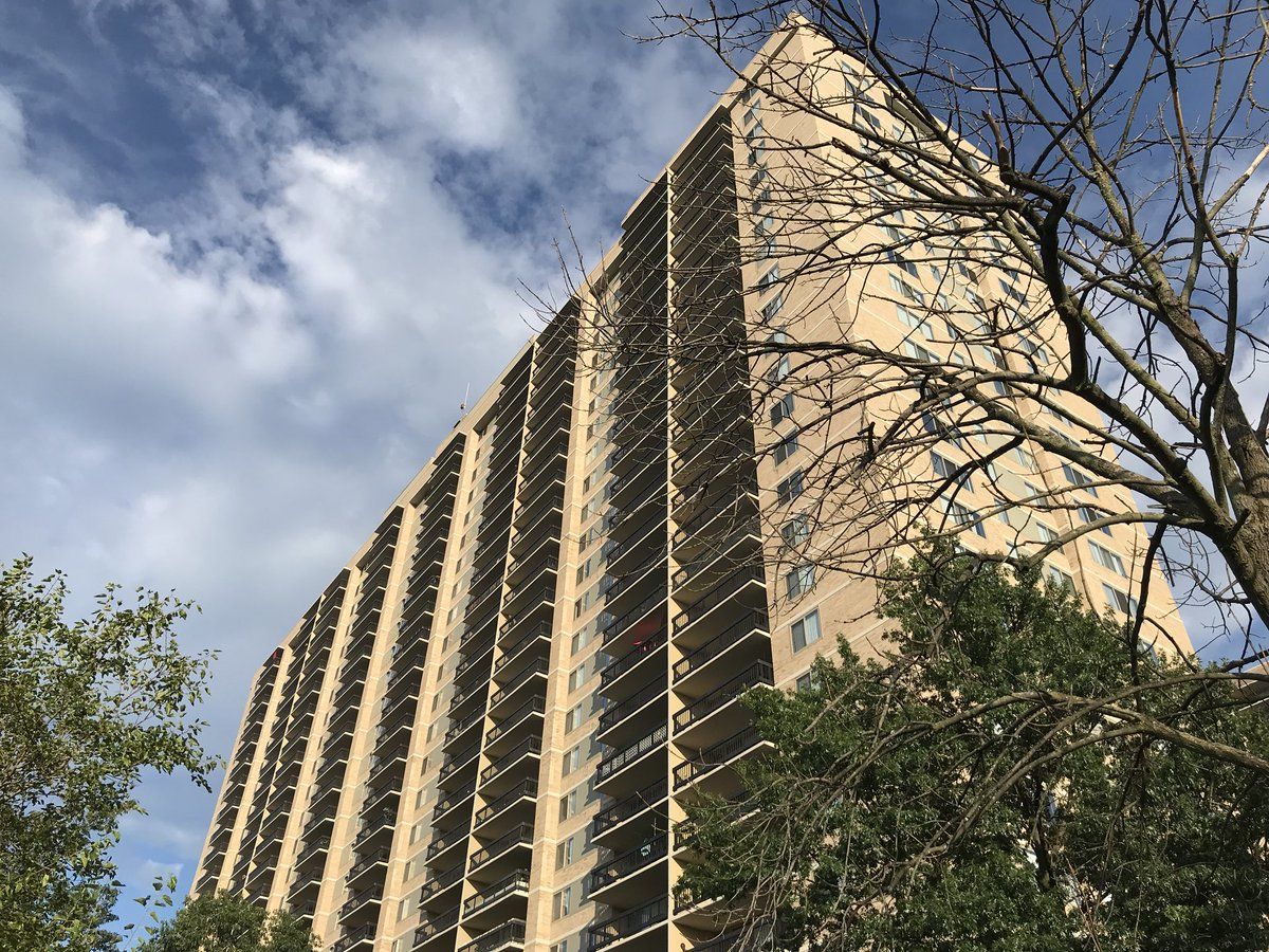 A child fell from a window at the Skyline Towers Apartments Monday and died, police said.  (WTOP/Michelle Basch)