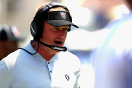 LOS ANGELES, CA - AUGUST 18:  Head coach Jon Gruden of the Oakland Raiders coaches from the sideline during the first half of a preseason game against the Los Angeles Rams at Los Angeles Memorial Coliseum on August 18, 2018 in Los Angeles, California.  (Photo by Sean M. Haffey/Getty Images)