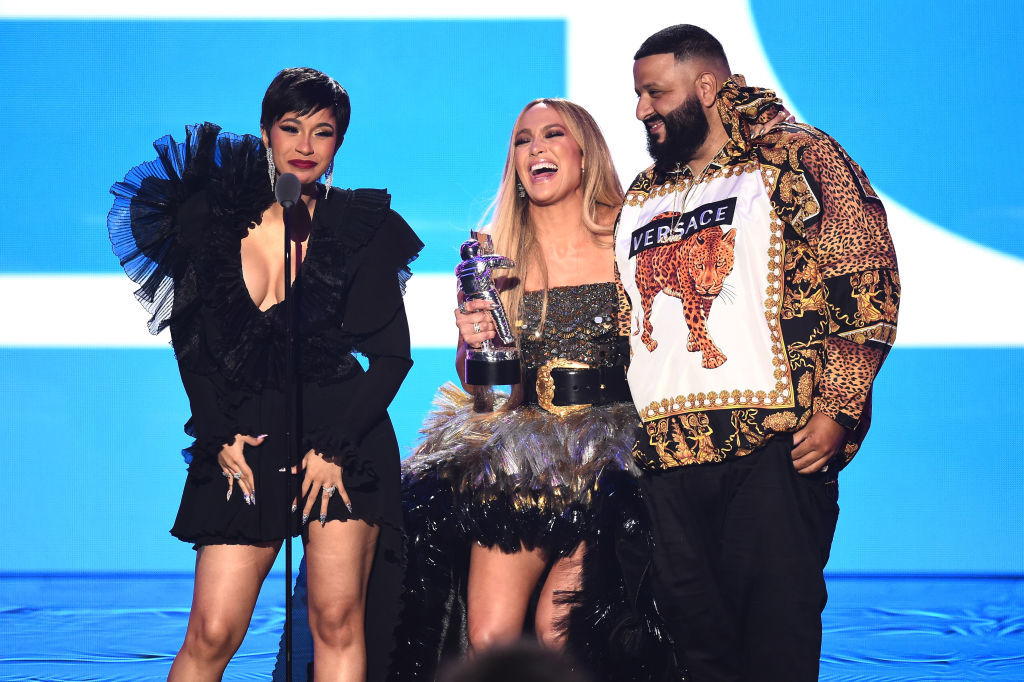NEW YORK, NY - AUGUST 20: (L-R) Cardi B, Jennifer Lopez, and DJ Khaled accept the award for Best Collaboration onstage during the 2018 MTV Video Music Awards at Radio City Music Hall on August 20, 2018 in New York City. (Photo by Michael Loccisano/Getty Images for MTV)