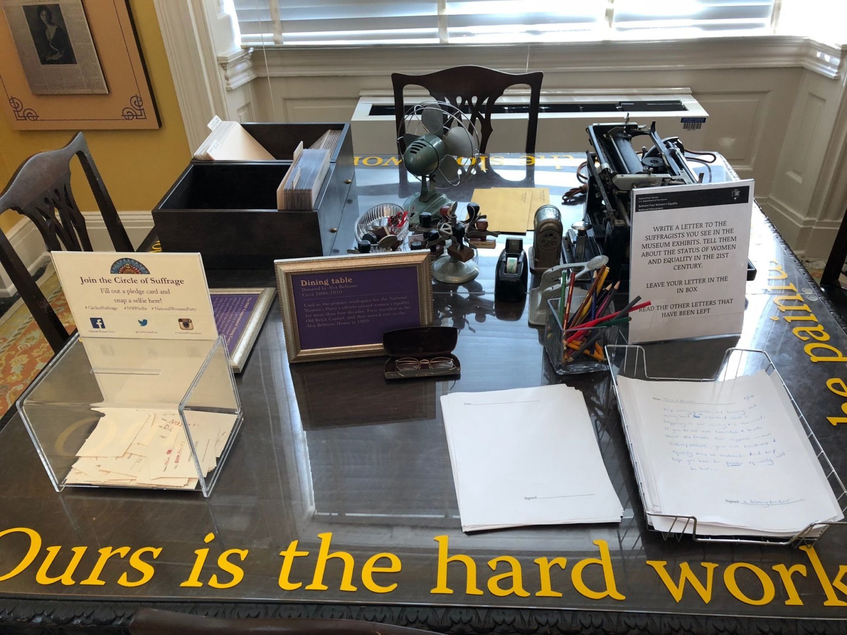 Visitors can leave letters for the suffragists on the very desk where the women did most of their work at the headquarters of the National Women’s Party.