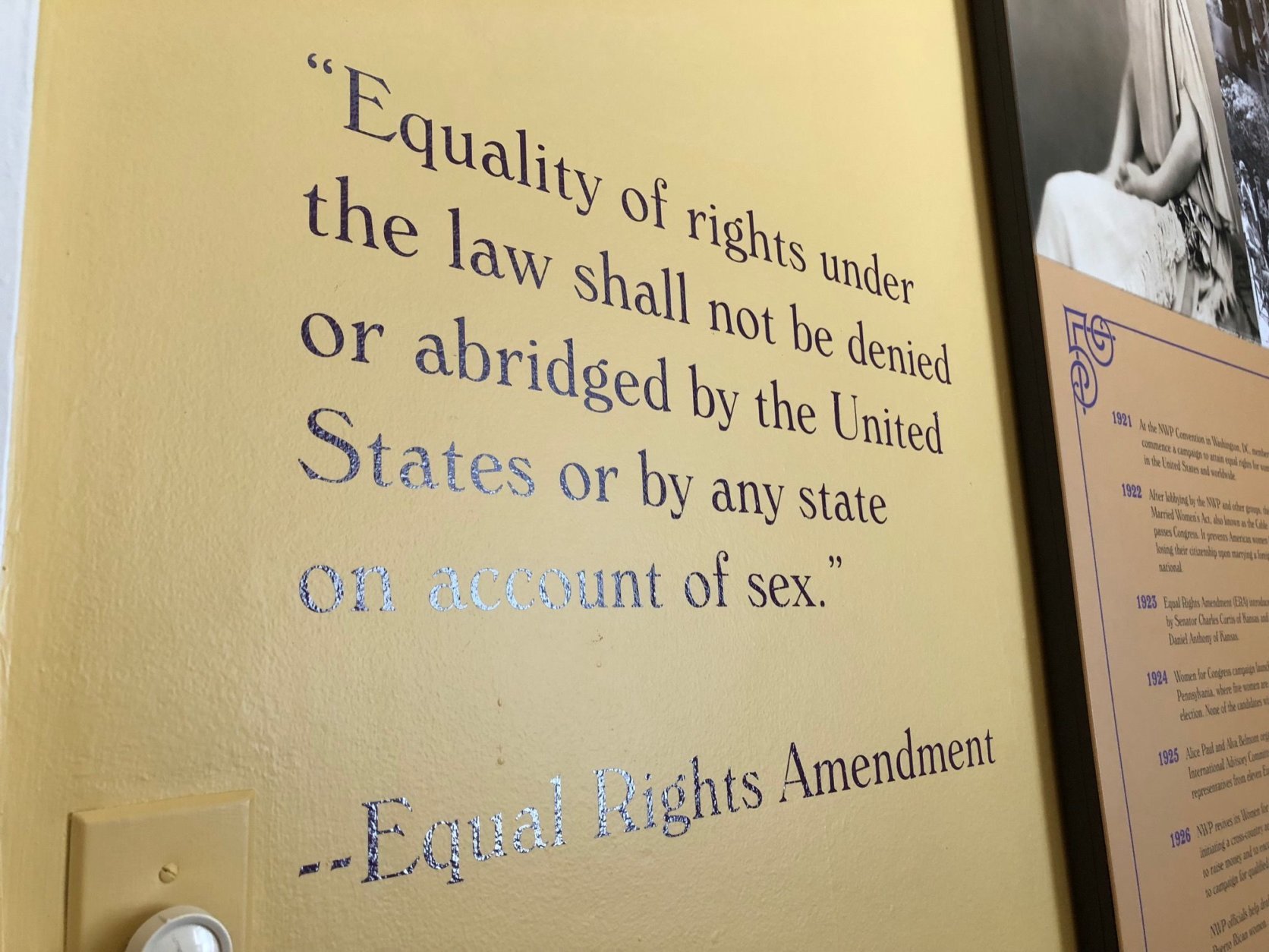 Text from the Equal Rights Amendment decorate the wall at the Belmont-Paul Women's Equality National Monument.