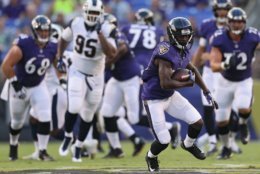 BALTIMORE, MD - AUGUST 09: John Brown #13 of the Baltimore Ravens rushes against the Los Angeles Rams in the first half during a preseason game at M&amp;T Bank Stadium on August 9, 2018 in Baltimore, Maryland. (Photo by Patrick Smith/Getty Images)