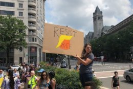 Counter protesters at Freedom Plaza at about 2 p.m. demonstrating before marching to Lafayette Square where the Unite The Right 2 rally is expected to take place. (WTOP/Keara Dowd)