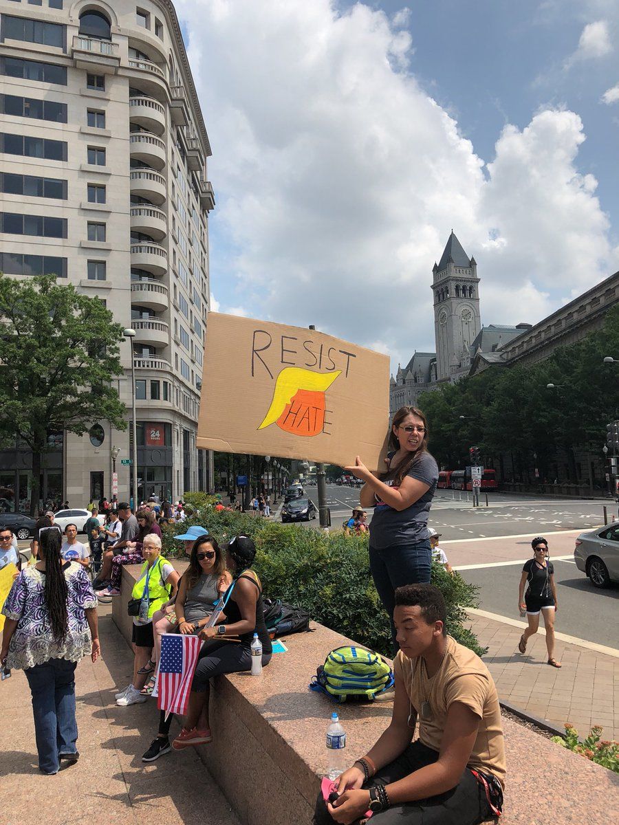 Counter protesters at Freedom Plaza at about 2 p.m. demonstrating before marching to Lafayette Square where the Unite The Right 2 rally is expected to take place. (WTOP/Keara Dowd)