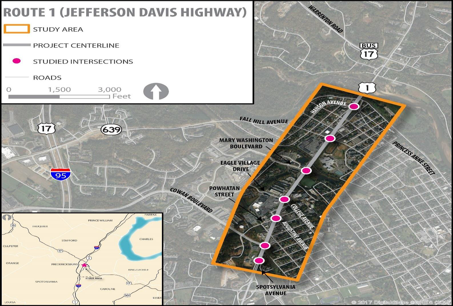 An outline of the area that has been identified as in need of changes. While several projects aim to improve traffic in these areas, there are no construction dates or firm funding available yet for any of the proposals. (Courtesy of VDOT)