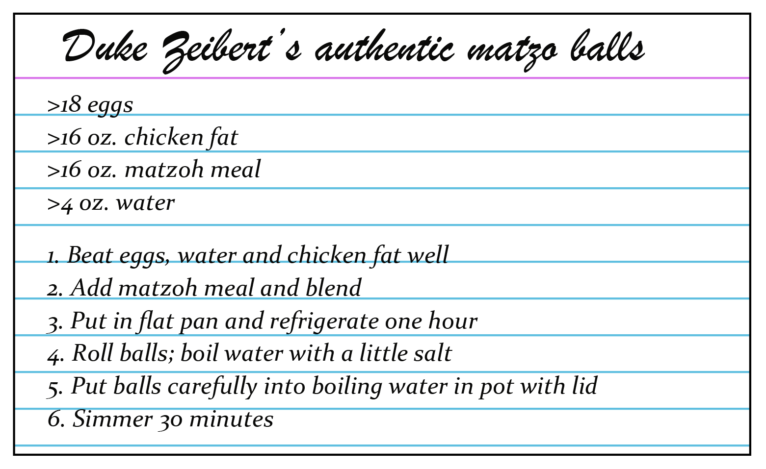This is the authentic, honest-to-goodness recipe for Duke Zeibert's matzo balls. Feeding a smaller family will require adjusting the ratios a bit. (Courtesy Randy and Audrey Zeibert)