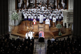 The choir sings at a memorial service for Sen. John McCain, R-Ariz., at Washington National Cathedral in Washington, Saturday, Sept. 1, 2018. McCain died Aug. 25, from brain cancer at age 81. (AP Photo/Pablo Martinez Monsivais)