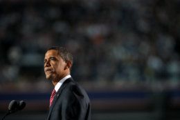 Sen. Barack Obama, D-Ill., speaks on the field at Invesco Field in Denver during the fourth and final day of the Democratic National Convention on Thursday, August 28, 2008.  (AP Photo/Jae C. Hong)