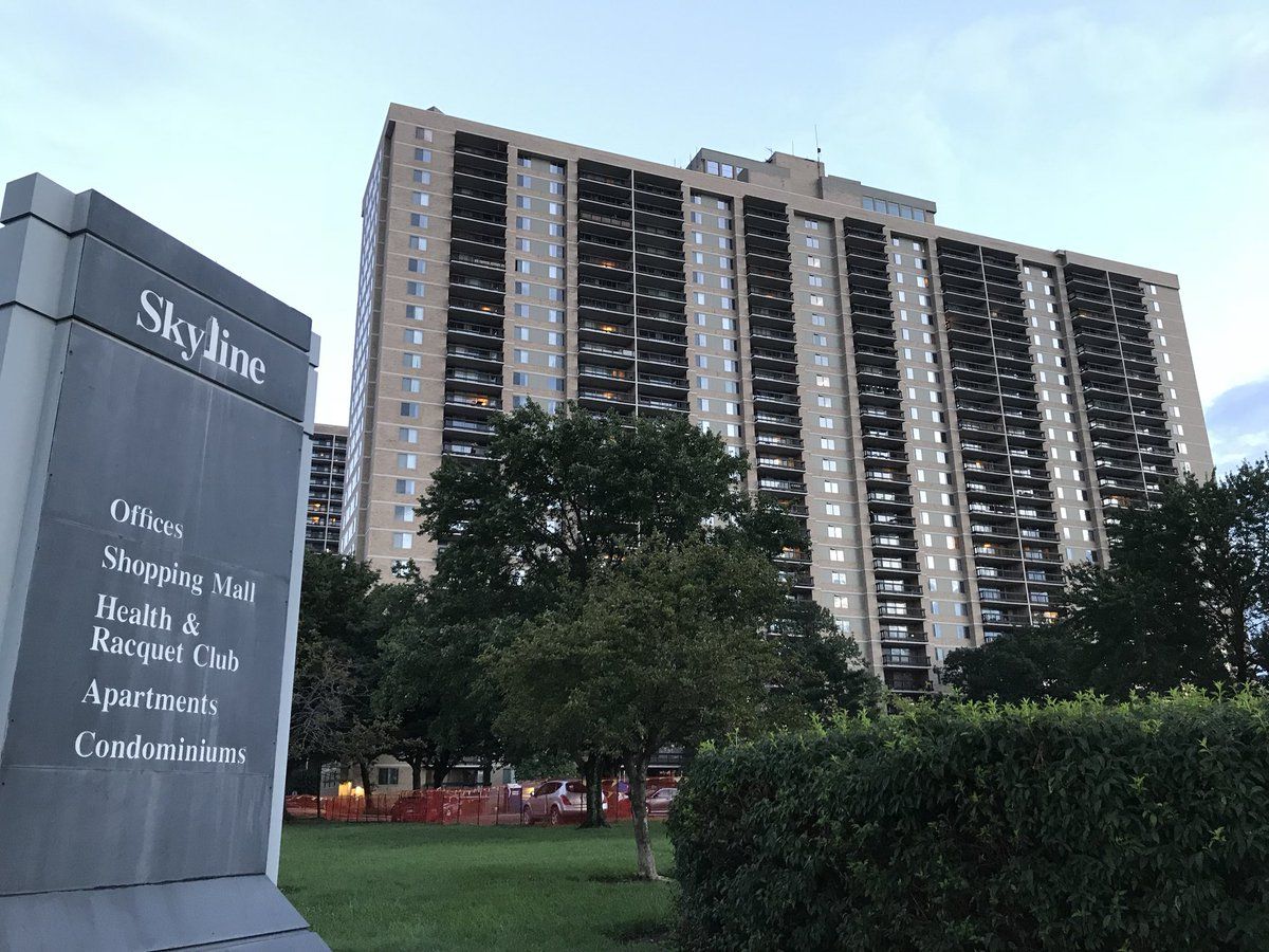 A toddler has died after falling off a balcony on the 24th floor of a Fairfax County apartment building Monday afternoon. (WTOP/Michelle Basch)