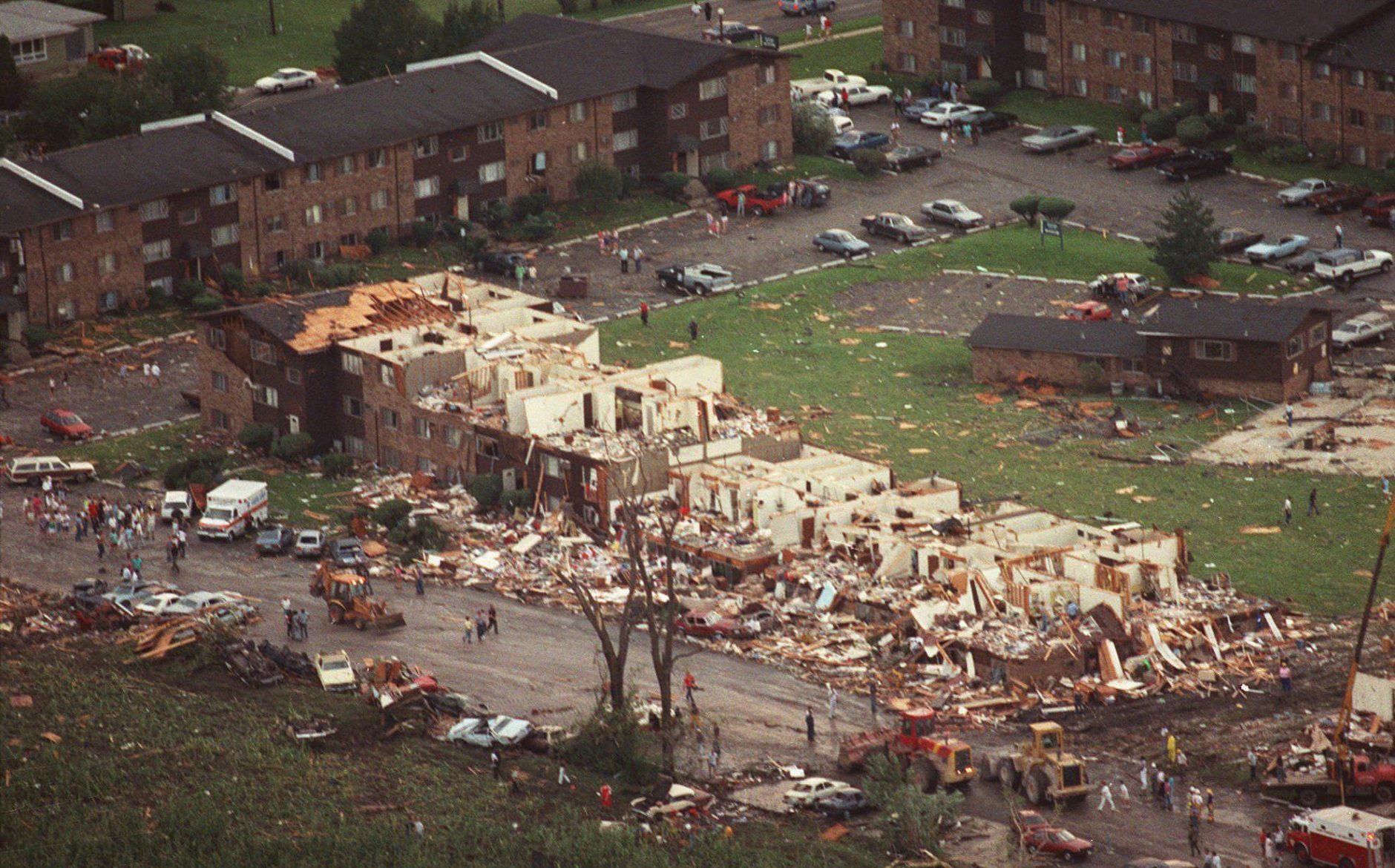An apartment building in Crest Hill, Ill., is shown Aug. 28, 1990, after being destroyed by a tornado.  The American Midwest is home to more tornadoes than any place on Earth, earning the moniker "Tornado Alley." Illinois is one of the most "tornadically active" states in the country according to Greg Simunich of Omni Weather Inc,. in West Chicago, Ill., with Kansas, Oklahoma and Texas taking top honors. (AP Photo/Mark Elias, File)