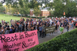 A student-led protest against the University of Virginia's response to last year's deadly protest and against white supremacy takes place Saturday, Aug. 11, 2018. (WTOP/Max Smith)