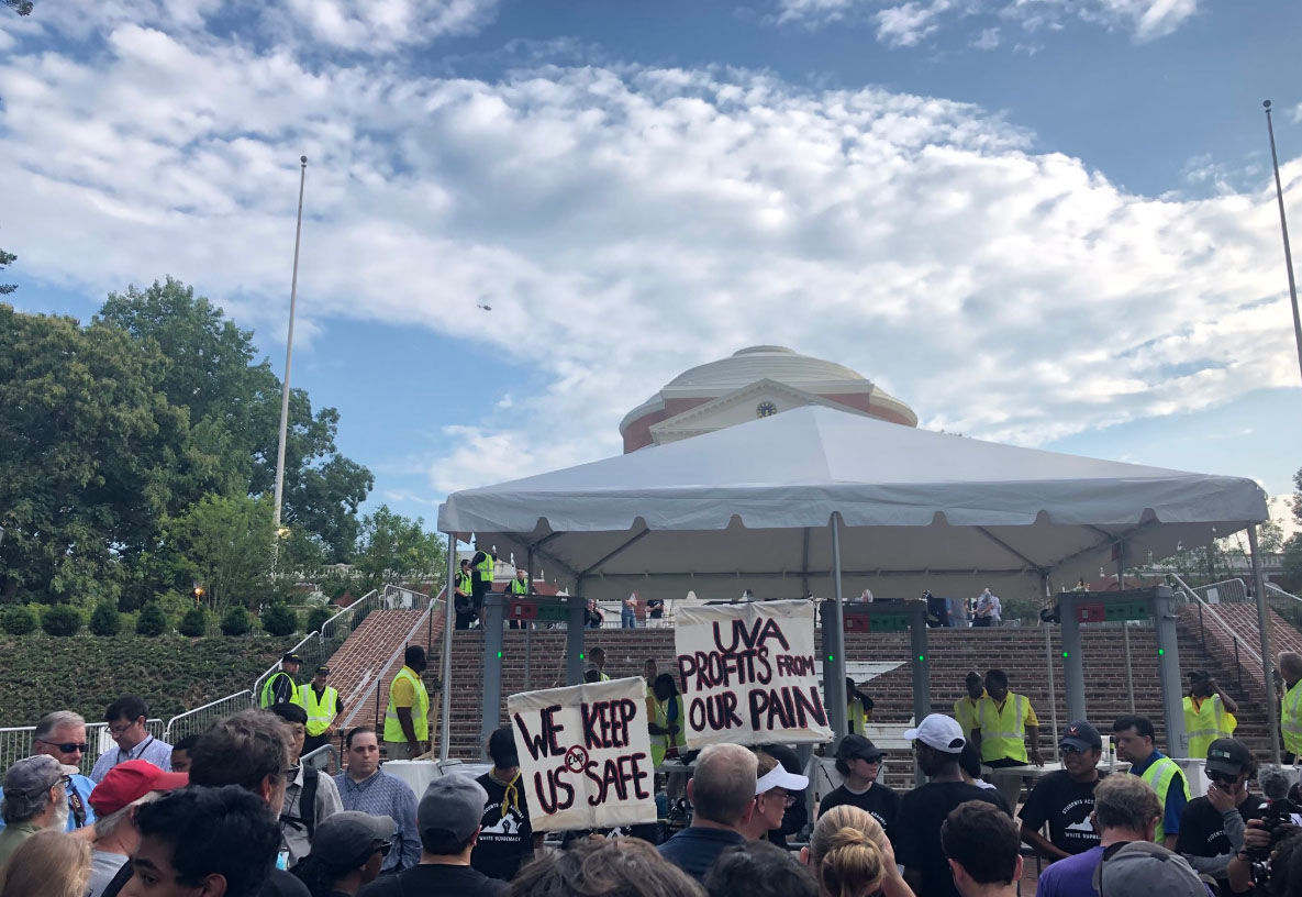 A student-led protest against the University of Virginia's response to last year's deadly protest and against white supremacy takes place Saturday, Aug. 11, 2018. (WTOP/Max Smith)