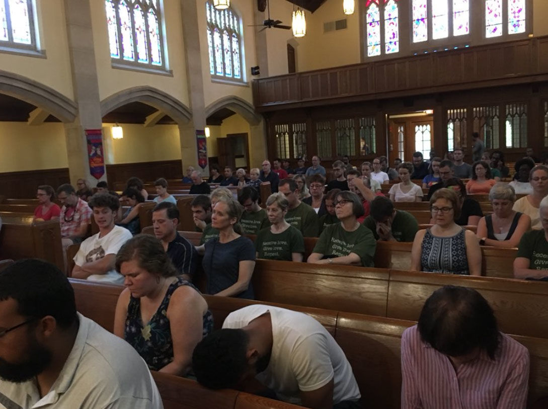 At Western Presbyterian Church in Northwest D.C. a service that proposes countering messages of hate with love and mindfulness was held a day before a white nationalist rally. (WTOP/Liz Anderson)