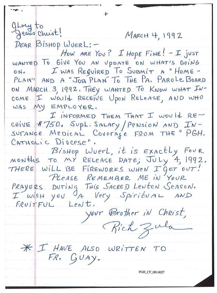 A 1992 letter to Wuerl from one priest in prison requested confirmation of future salary payments to help with his release. (Pennsylvania attorney general)