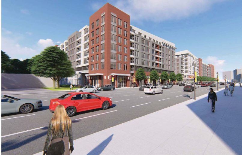 A rendering of the corner of a proposed Harris Teeter redevelopment in Ballston, seen from N. Glebe Road. (ARLnow)
