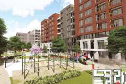 A rendering of a park on the corner of a redevelopment of the Ballston Harris Teeter. (ARLnow)