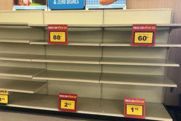 Empty shelves at a Food Lion grocery store in Morehead, North Carolina Sept. 11, 2018 as Hurricane Florence churns toward the coast. (WTOP/Steve Dresner)