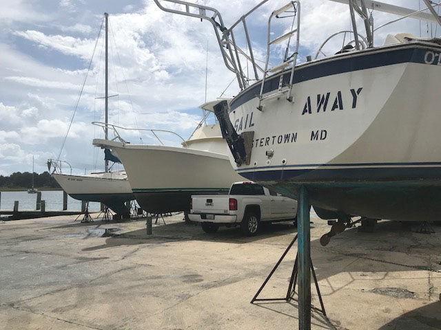 A marina in Morehead, North Carolina, taking boats to dry-dock Sept. 11, 2018 as Hurricane Florence churns toward the coast. (WTOP/Steve Dresner)