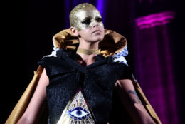 A model wears a garment constructed out of materials used in the built interior environment during the International Interior Design Association Mid-Atlantic Chapter (IIDA-MAC) Annual Cosmo Couture Fashion Show at the Washington National Cathedral on Thursday, September 20, 2018. (Courtesy Shannon Finney/<a href="https://www.shannonfinneyphotography.com/index" target="_blank" rel="noopener noreferrer">shannonfinneyphotography.com</a>)