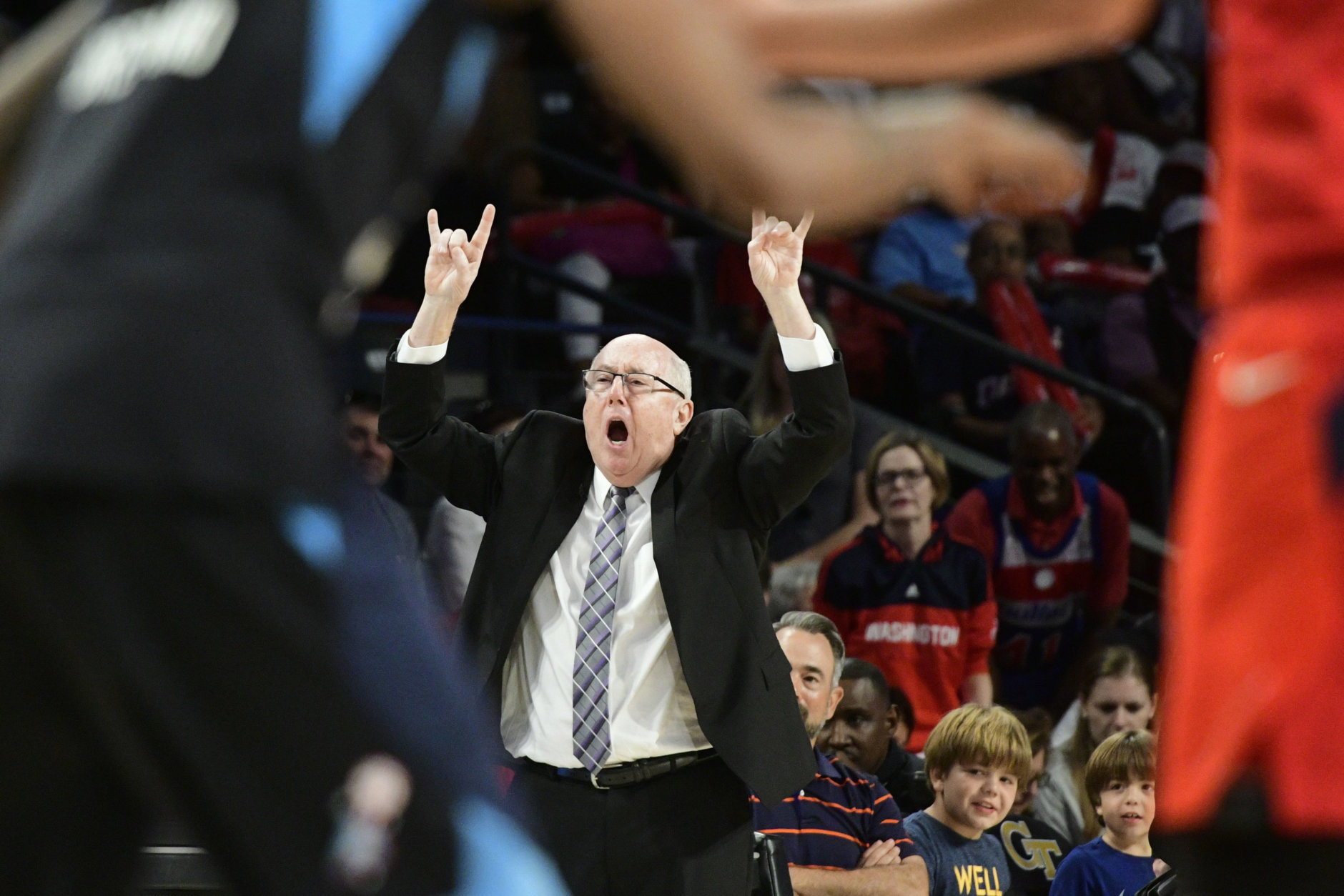 Washington Mystics coach Mike Thibault reacts on the sideline during the second half of Game 5 of a WNBA basketball playoffs semifinal against the Atlanta Dream, Tuesday, Sept. 4, 2018, in Atlanta. The Mystics won 86-81. (AP Photo/John Amis)